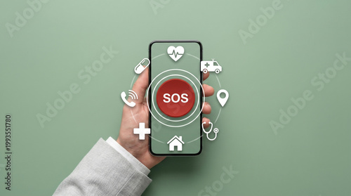 Hand Holding Smartphone with SOS Button and Medical Icons for Emergency Health Services