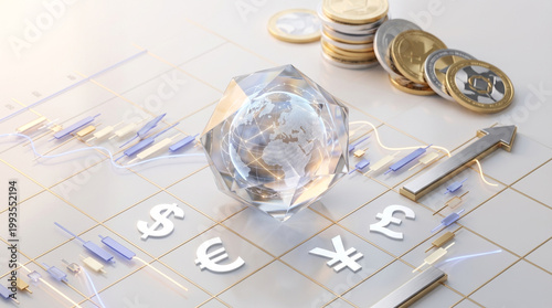 Crystal Diamond Investment Growth Symbol with Global Currency Symbols and Stock Chart