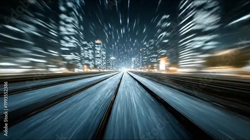 High speed train motion blur through futuristic city at night