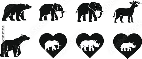 Silhouette collection diverse wildlife representations featuring bears elephants and antelopes in heart shapes