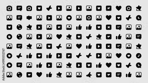 Set of 90 Black Social Media and Interface Icons Vector