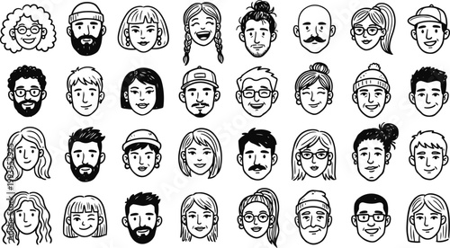 Diverse hand-drawn faces collection, black and white