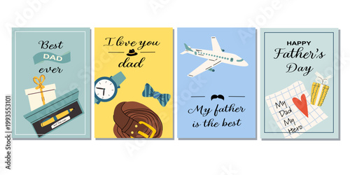 Vector set of greeting cards for Father's Day. Cartoon flat illustration, cards with ties, shirts, and messages. Happy Father's Day poster set.