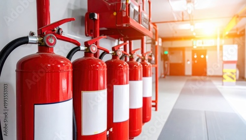 A row of red fire extinguishers mounted on a wall in an industrial corridor, showcasing preparedness and safety measures