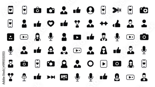 Set of 70 Black Social Media and User Interface Icons Vector