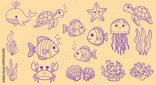 Cute sea creatures collection with whale, turtle, fish, crab, jellyfish and coral line art set