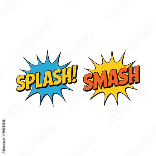 Two vibrant comic book style explosion speech bubbles display the words splash and smash