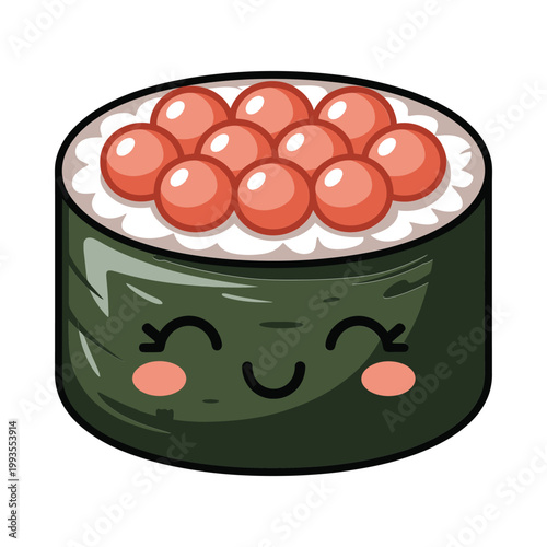 A cute cartoon illustration depicts a sushi roll topped with bright red fish roe