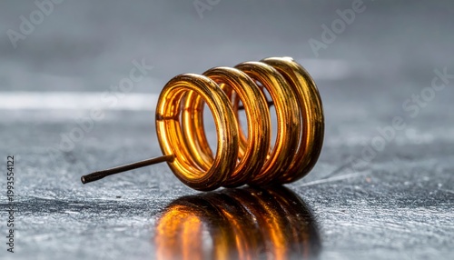 Golden coiled tungsten filament from an incandescent bulb glowing faintly on a reflective surface