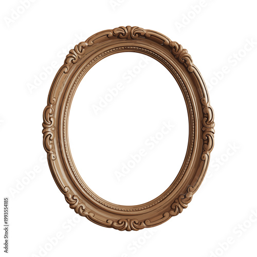 An ornate empty oval frame with detailed carvings and a warm brown hue