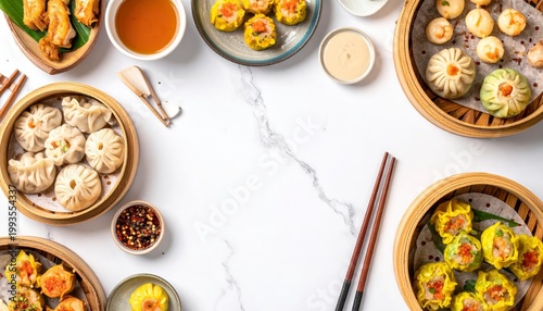 Overhead view of a delicious spread of assorted dim sum including steamed dumplings and bao buns