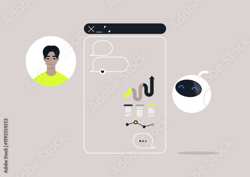 A user interacts with an artificial agent chatbot on a sleek, digital interface, The assistant displays requested prompt results and engaging speech bubbles, creating a lively dialogue atmosphere
