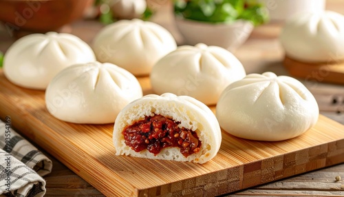 Plump Char Siu Bao Buns with Red Filling Showcased on Wooden Board