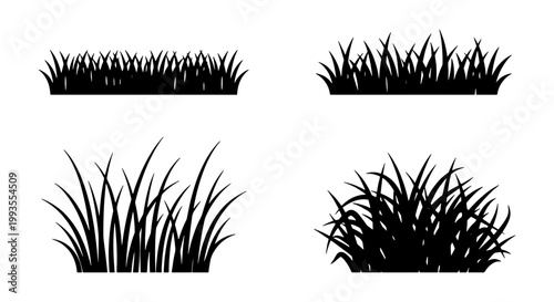 Black grass silhouette vector set, 4 organic lawn tuft elements, botanical meadow plant borders, minimalist garden landscape greenery icons