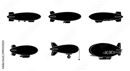 Vintage blimp silhouette collection, set of 6 dirigible airship icons, black zeppelin aircraft vector illustrations, retro flying transport symbols