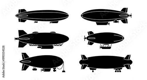 Vintage airship silhouette collection, set of 6 dirigible zeppelin vector icons, retro flying blimp transport illustrations for aviation design
