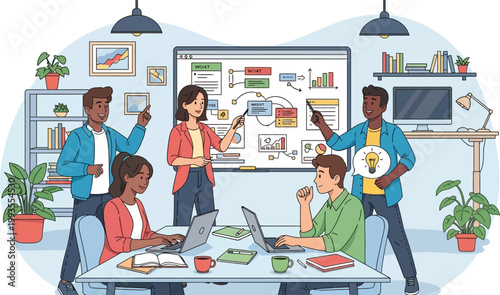 Creative coworkers collaborate on a new project inside a modern workspace.