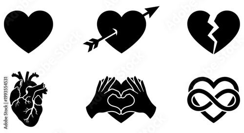 Black heart icon set with 6 vector elements, romantic love symbols with Cupid arrow and broken heart, anatomical heart and infinity sign graphics
