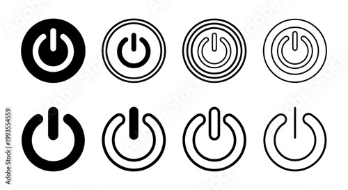 Minimalist power button icon set, black and white electronic switch symbols, 8 vector UI elements for web and app interface design