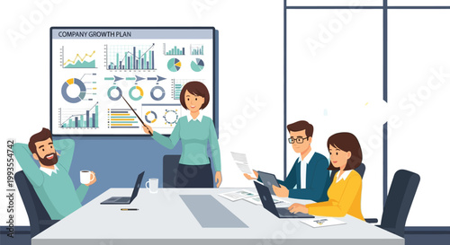 Business team analyzes growth plans during an informative office briefing.