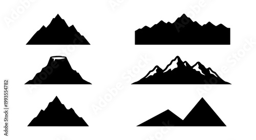 Minimalist mountain silhouette icons, black peak vector set of 6 elements, outdoor adventure landscape symbols for logo design and branding
