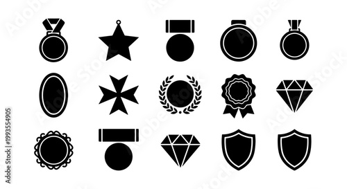 Black medal icons set, 15 award and achievement vector symbols, trophy and reward flat silhouettes, military honors and sports competition badges
