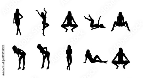 Seductive female silhouettes set, 10 sexy woman figures in various poses, black vector girl outlines for fashion and adult entertainment design