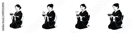 Elegant Japanese Woman in Kimono Performing Traditional Tea Ceremony – Graceful Geisha Holding Tea Bowl, Cultural Ritual Illustration in Minimalist Black and White Vector Art