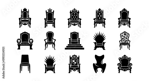 Royal throne silhouette icons, set of 15 medieval king chair vectors, ornate antique furniture symbols, majestic monarch seat graphics for gaming