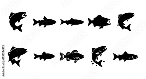 Black fish silhouette collection, set of 10 aquatic animal vector icons, jumping salmon and trout shapes for fishing logos and outdoor branding