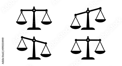 Justice scales vector icons set, black law balance symbols in different positions, legal system and equality concept illustrations for court and attorney branding