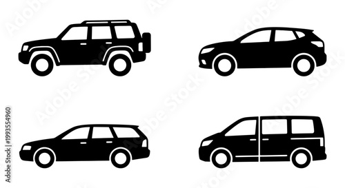 Black car silhouette icons set, modern SUV and minivan vector illustrations, automotive transport symbols for web and mobile apps, 4 vehicle types