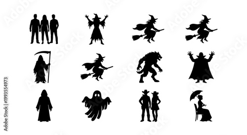 Halloween silhouette collection, set of 12 spooky character icons including witches, ghosts, and monsters, black vector silhouettes for holiday design