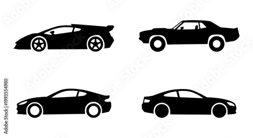Black car silhouettes set, modern supercar and classic muscle car vector icons, 4 automotive transport side view elements for logo design