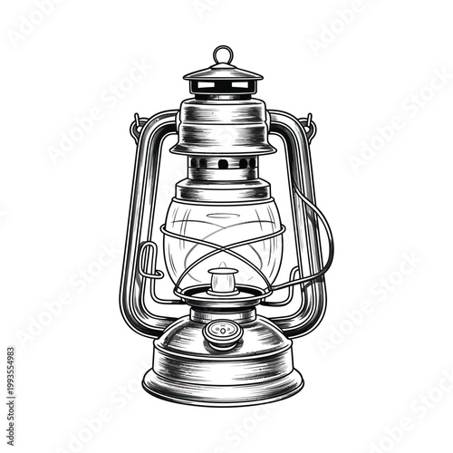 Vintage kerosene lamp illustration detailed engraving style with a handle and metal framework
