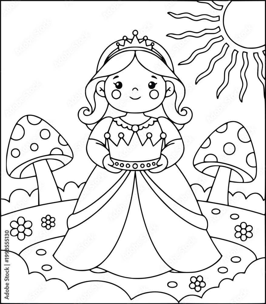 Fototapeta premium Serene young queen holding royal crown in mushroom garden coloring page