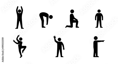 Minimalist human stick figure icons set, black silhouette people in various poses, 7 vector man pictograms for signage and infographics