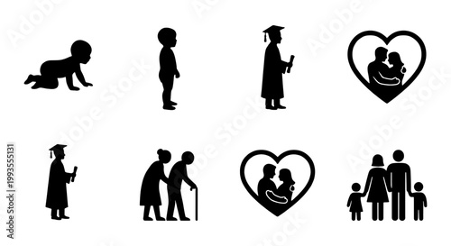 Human life cycle silhouettes, set of 8 icons showing aging process from baby to elderly, family and graduation vector symbols for infographics