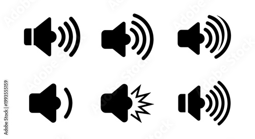 Speaker volume icon set with sound wave symbols, black audio loudspeaker vector collection, megaphone and noise level graphic elements for UI design