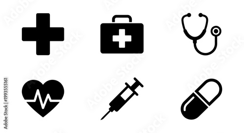Medical icon set with 6 black vector symbols, healthcare and hospital equipment icons, minimalist first aid kit and stethoscope graphics for web design