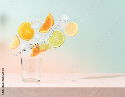 Floating citrus fruits and sparkling water in a surreal minimalist kitchen still life