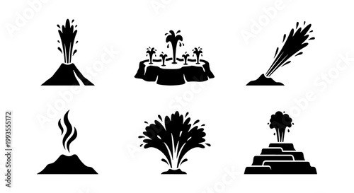 Geyser and volcano eruption icons set, black silhouette of geothermal hot springs and volcanic activity, 6 vector elements for nature and geology
