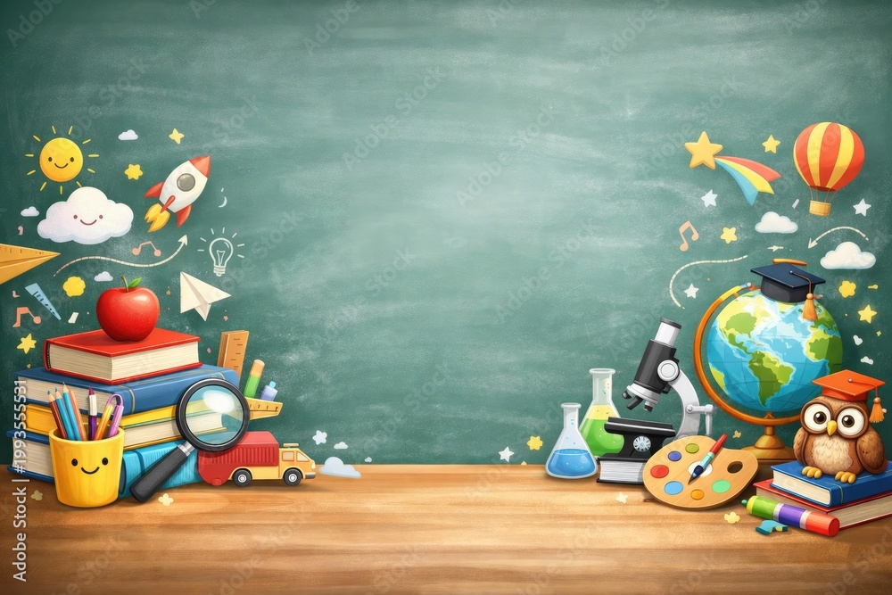 Fototapeta premium Educational background, with a green, chalkboard, stacks of, books, a globe, a microscope, and, colorful school supplies, on a wooden, desk surface