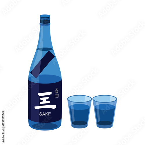 A blue glass sake bottle stands with two filled glasses showcasing traditional japanese beverage