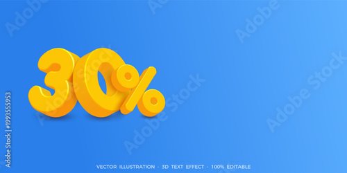 30% discount sale promotion badge, 3d yellow numbers on blue background