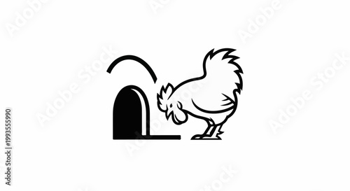 A cartoon rooster peers into a dark, arched doorway or entrance