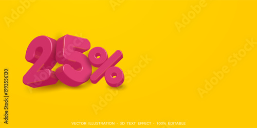 3d rendered 25 percent off sale banner with bold pink typography on yellow background