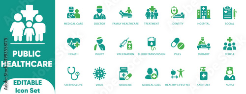 Public health icon set. disease prevention, health protection, medical services, health awareness, hygiene, icon, and solid icons. 
