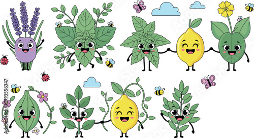 Cute herbal plant characters vector set with lavender mint lemon leaves cartoon mascots bees butterflies nature collection isolated
