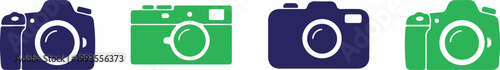 Collection of colorful camera icons in different styles and green blue hues